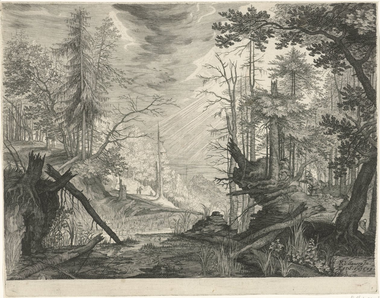 Tres cazadores por un río en un bosque. Paisajes de montaña del Tirol (título de la serie) de Egidius  Sadeler (II)