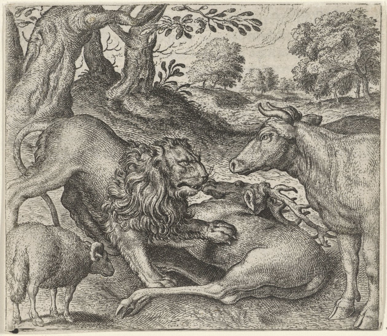 Fábula del león, la vaca y la oveja a la caza de Egidius  Sadeler (II)