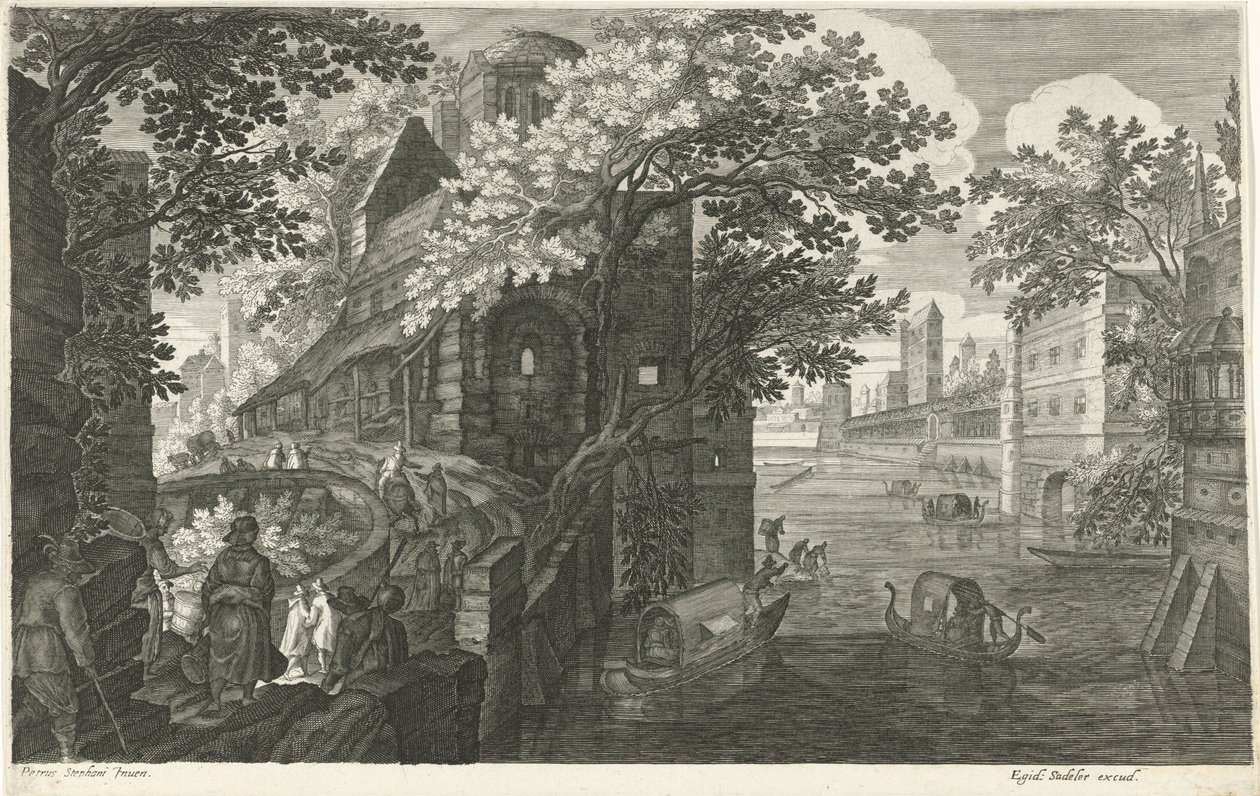 Góndolas en un canal Ocho paisajes en Bohemia (título de la serie) de Egidius  Sadeler (II)