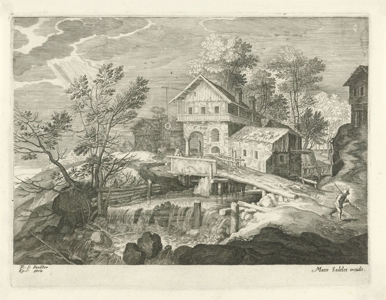 Inn y algunas casas por un puente Paisajes del Tirol (título de la serie) de Egidius  Sadeler (II)