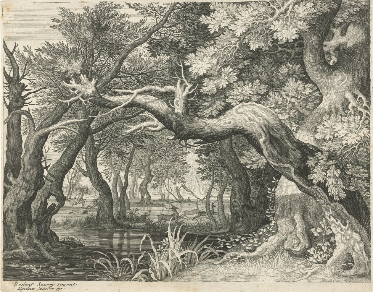 Caza de ciervos en un lago del bosque Seis paisajes (título de la serie) de Egidius  Sadeler (II)