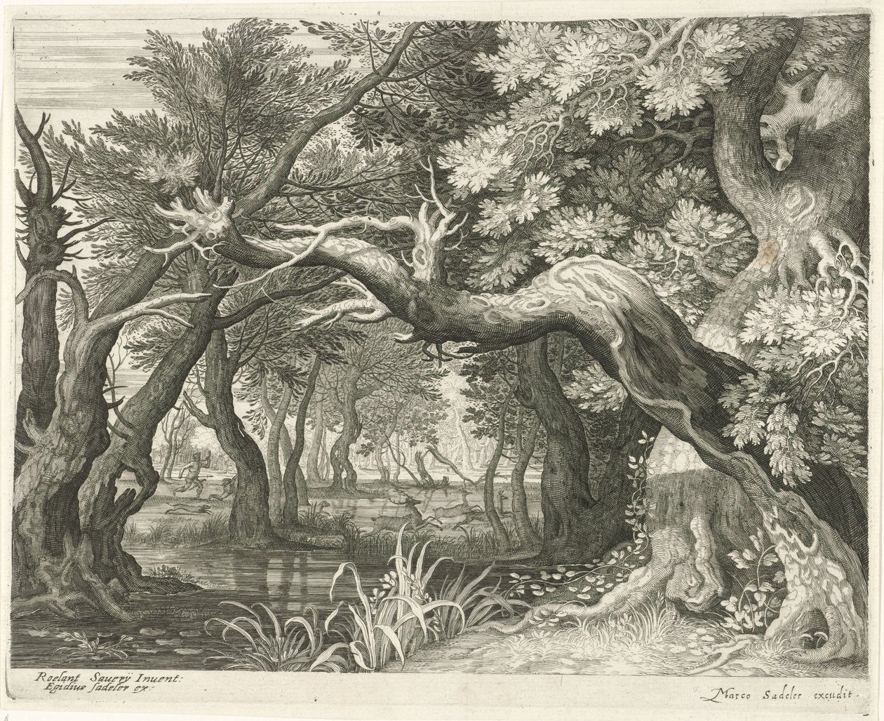 Caza de ciervos en un lago del bosque
Seis paisajes (título de la serie) de Egidius  Sadeler (II)
