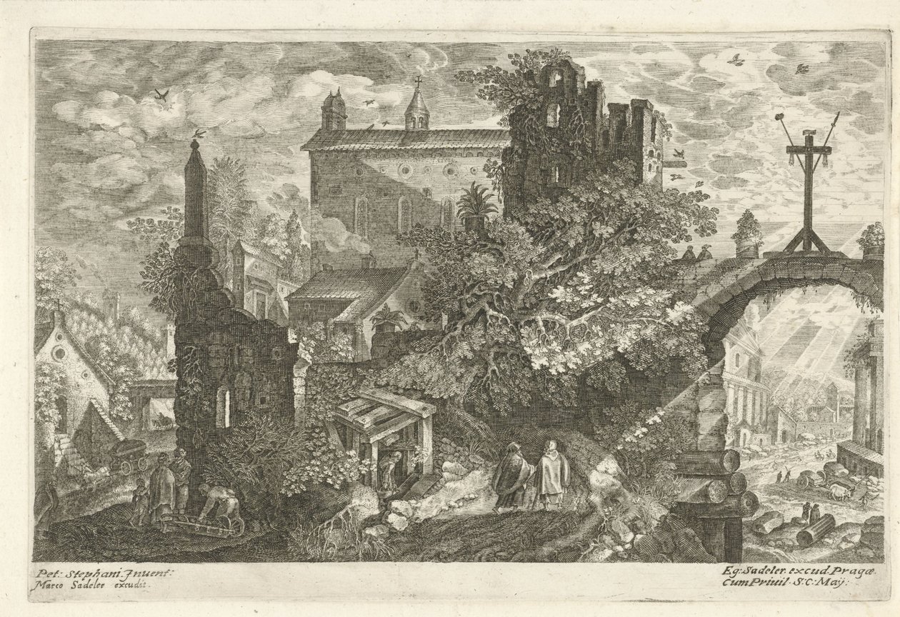Cruz de madera en la puerta de la ciudad vieja Ocho paisajes de Bohemia (título de la serie) de Egidius  Sadeler (II)