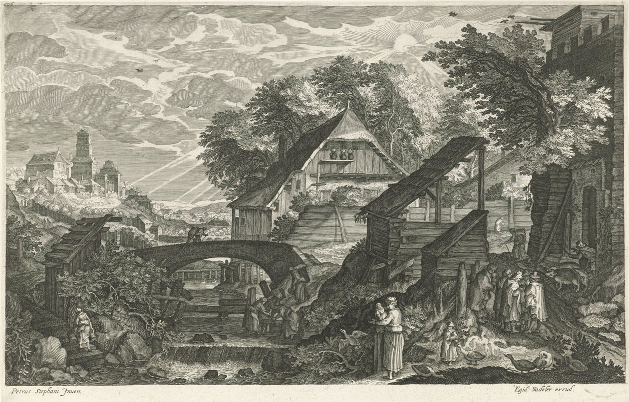 casas al lado de un rio Ocho paisajes en Bohemia (título de la serie) de Egidius  Sadeler (II)