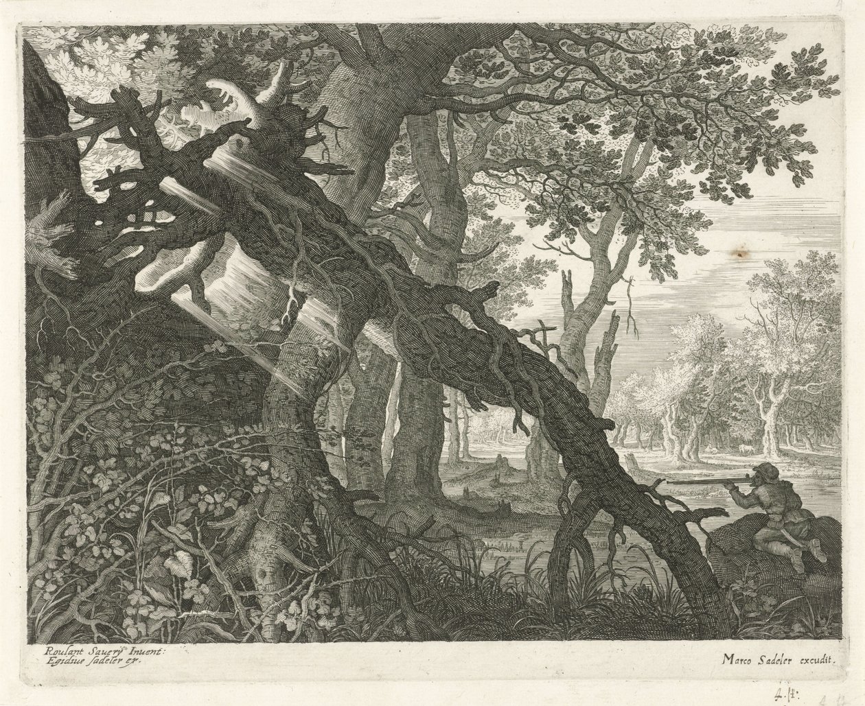 Caza de conejos en un paisaje forestal Seis paisajes (título de la serie) de Egidius  Sadeler (II)