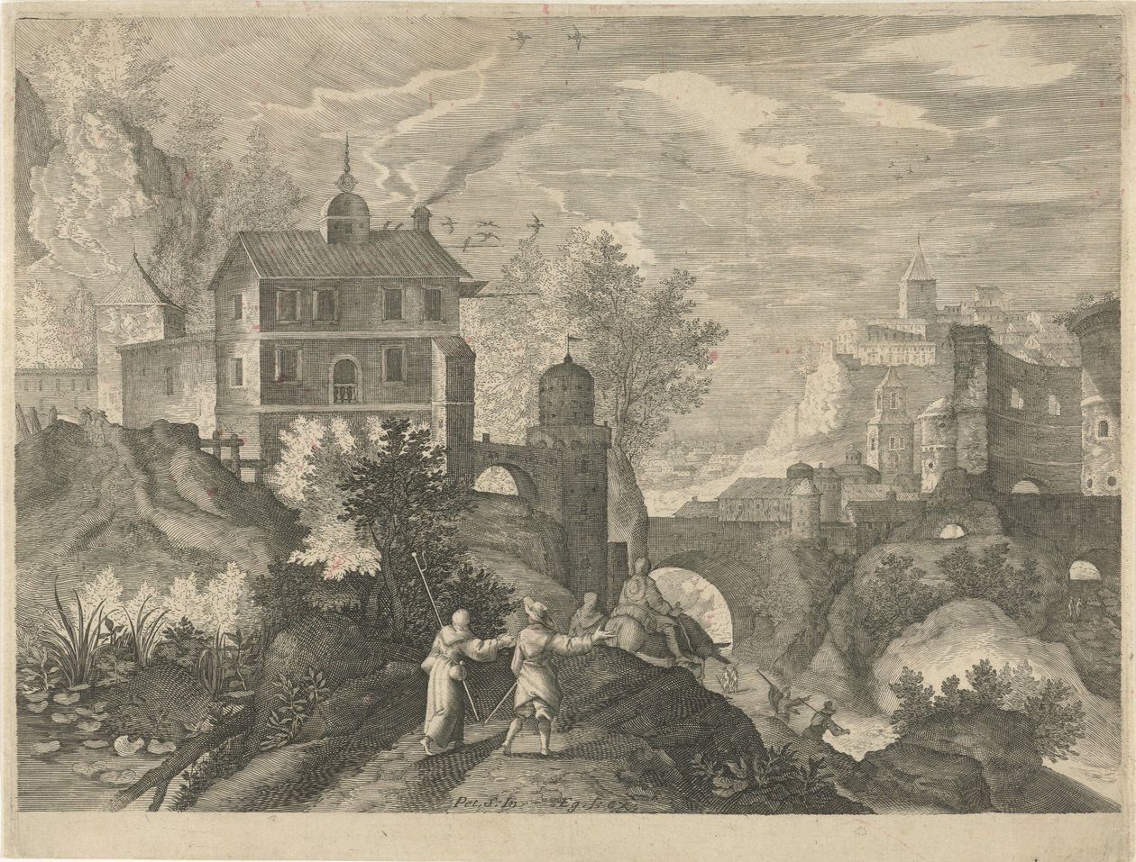 Paisaje con puente de piedra
Ocho paisajes de Bohemia (título de la serie) de Egidius  Sadeler (II)