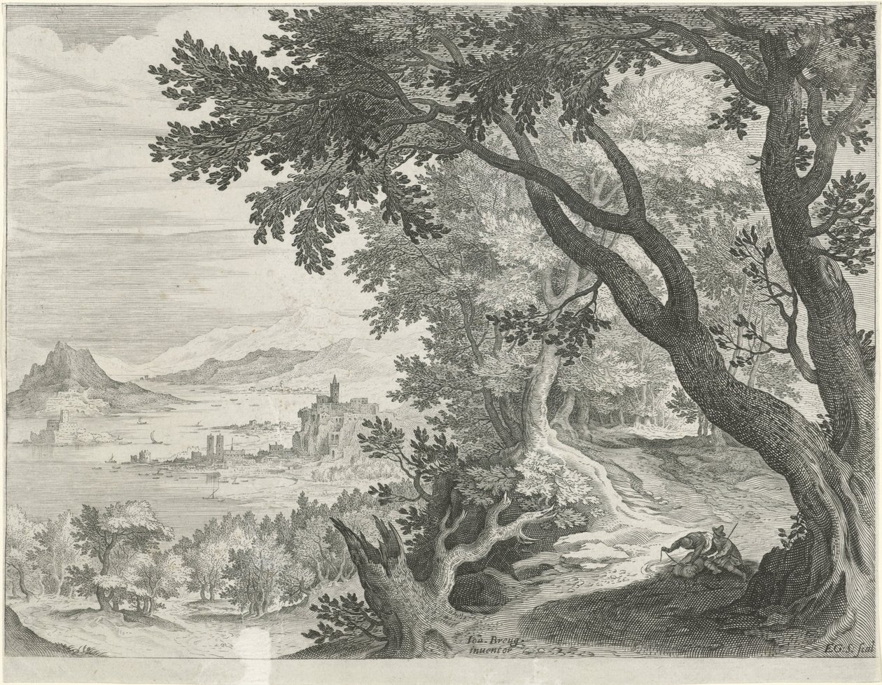 Paisaje con dos figuras debajo de un árbol. de Egidius  Sadeler (II)