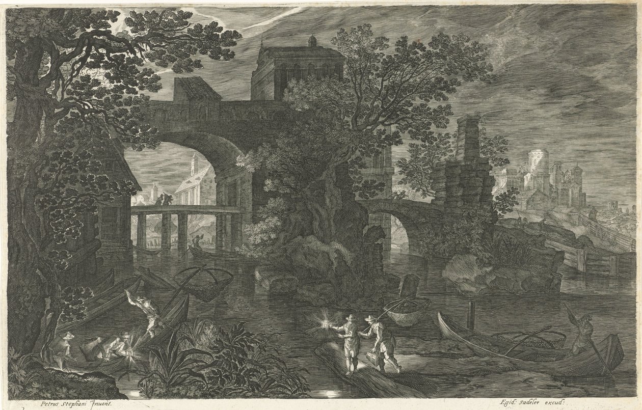 Escena nocturna con pescadores en un río. Ocho paisajes en Bohemia (título de la serie) de Egidius  Sadeler (II)