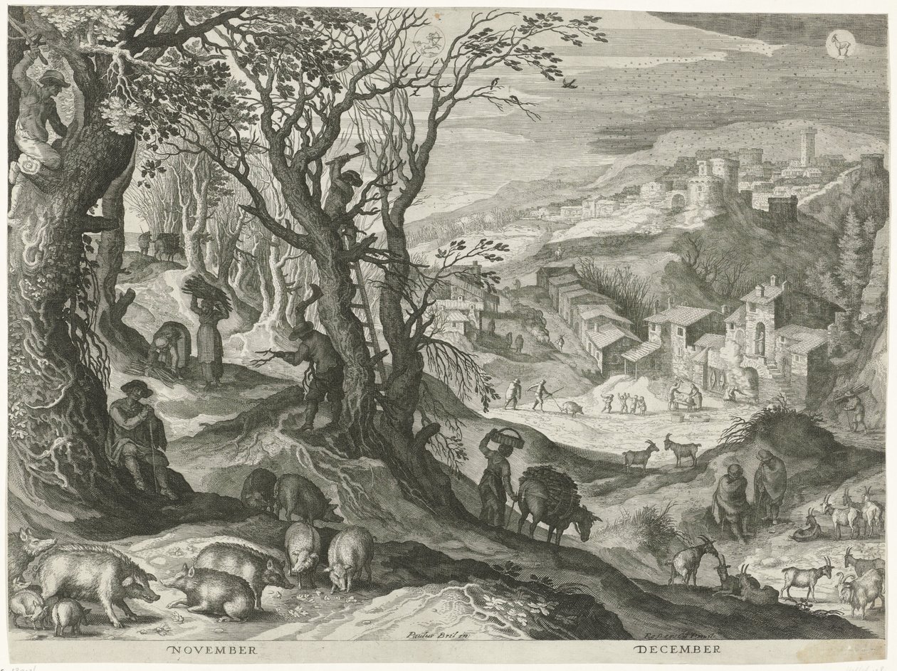 noviembre y diciembre Los doce meses en seis paisajes italianos (título de la serie) de Egidius  Sadeler (II)