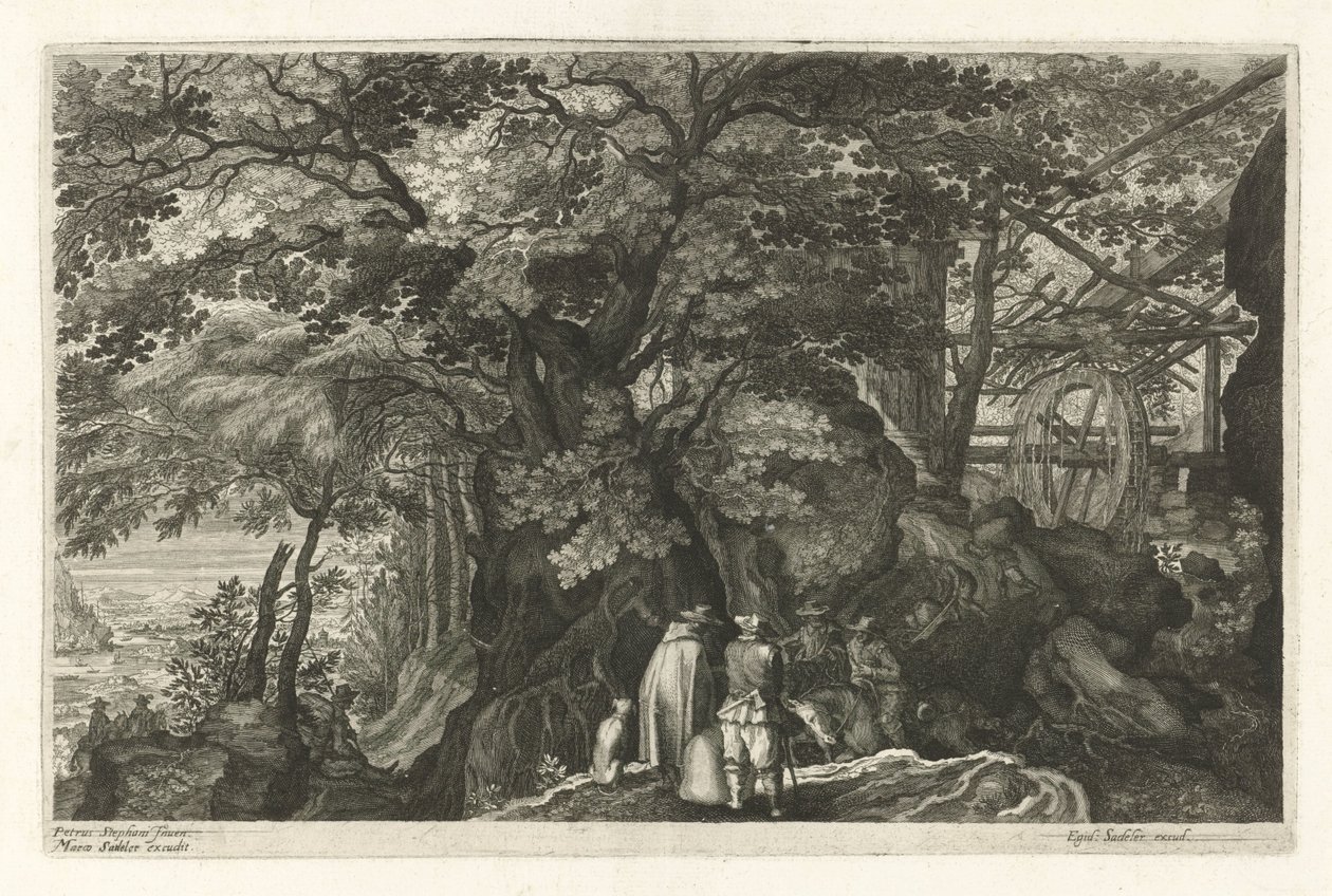 Río con rocas y un molino de agua Ocho paisajes en Bohemia (título de la serie) de Egidius  Sadeler (II)