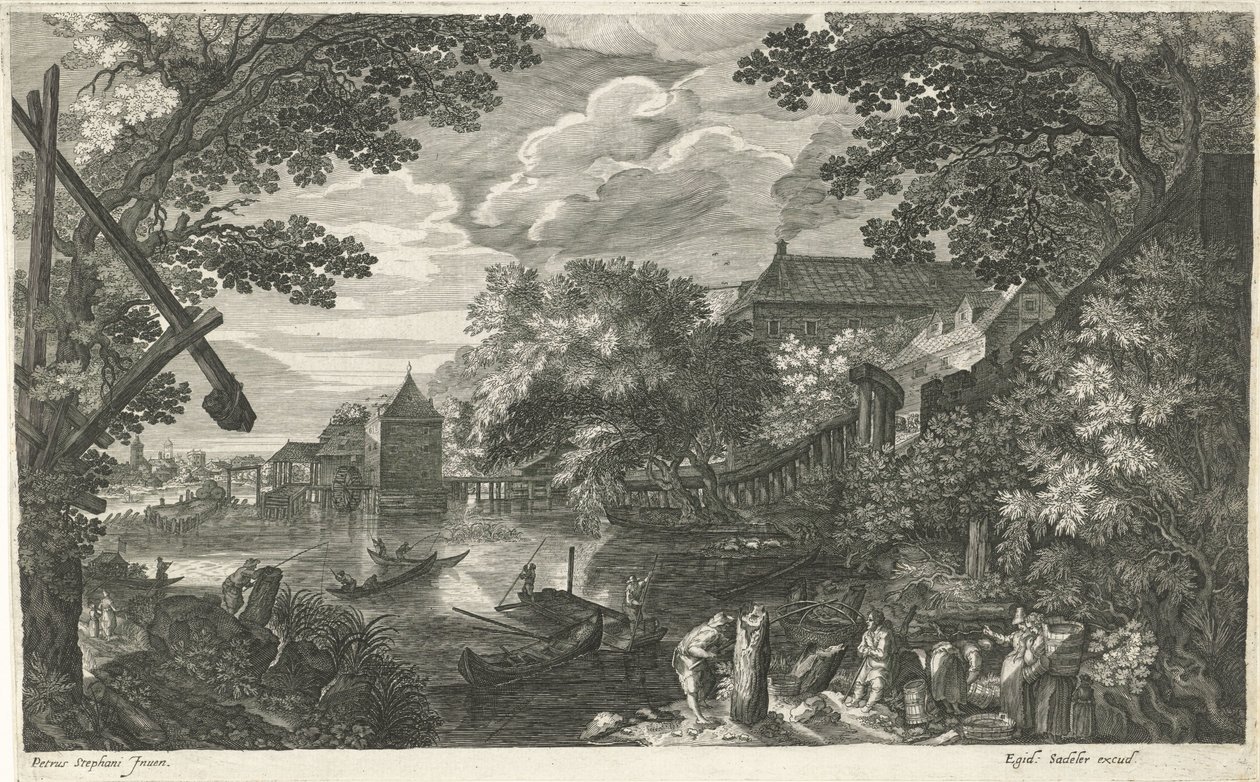 Paisaje fluvial con pescadores y obreros. Ocho paisajes en Bohemia (título de la serie) de Egidius  Sadeler (II)