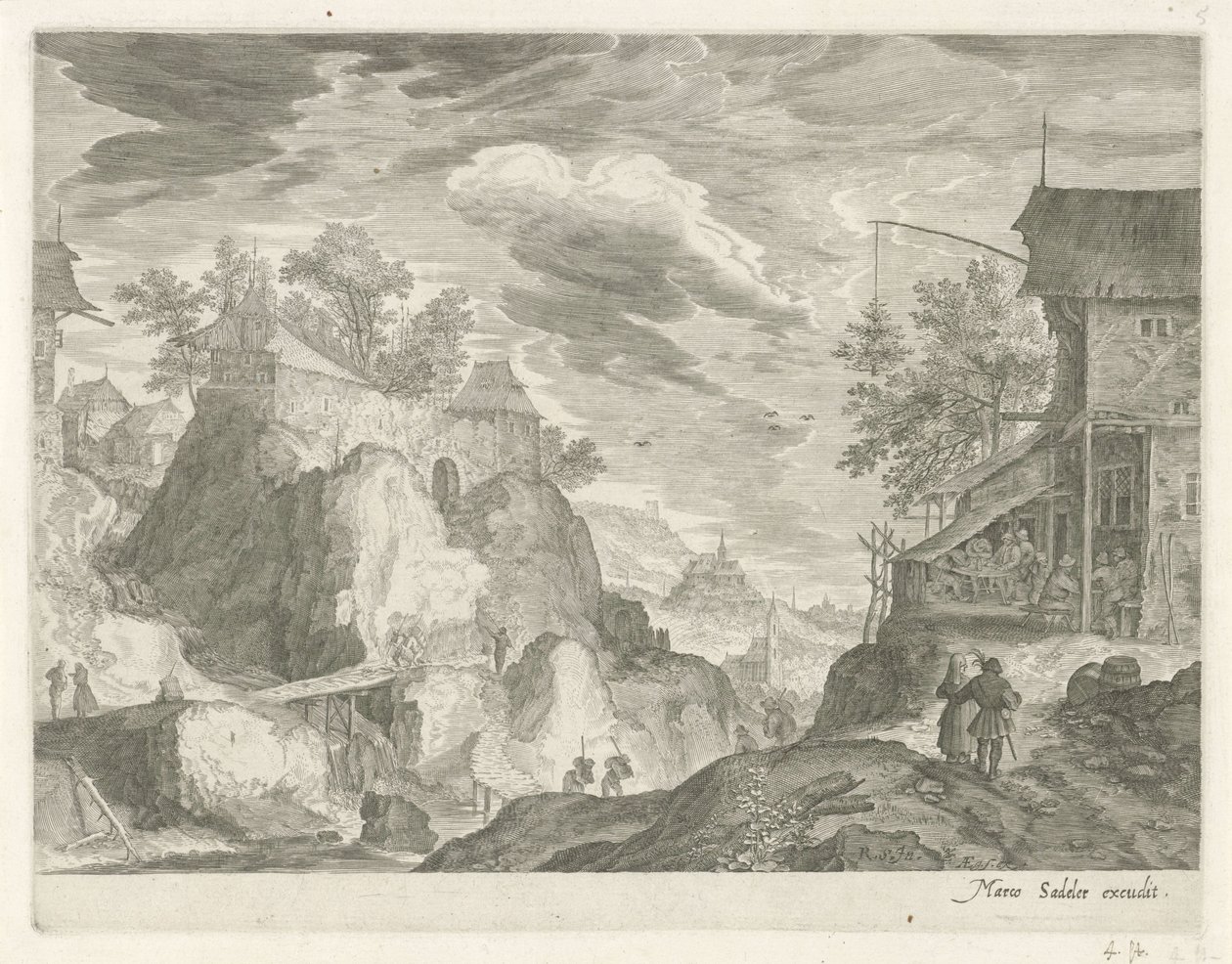 Paisaje rocoso con posada y casas. Paisajes de montaña del Tirol (título de la serie) de Egidius  Sadeler (II)