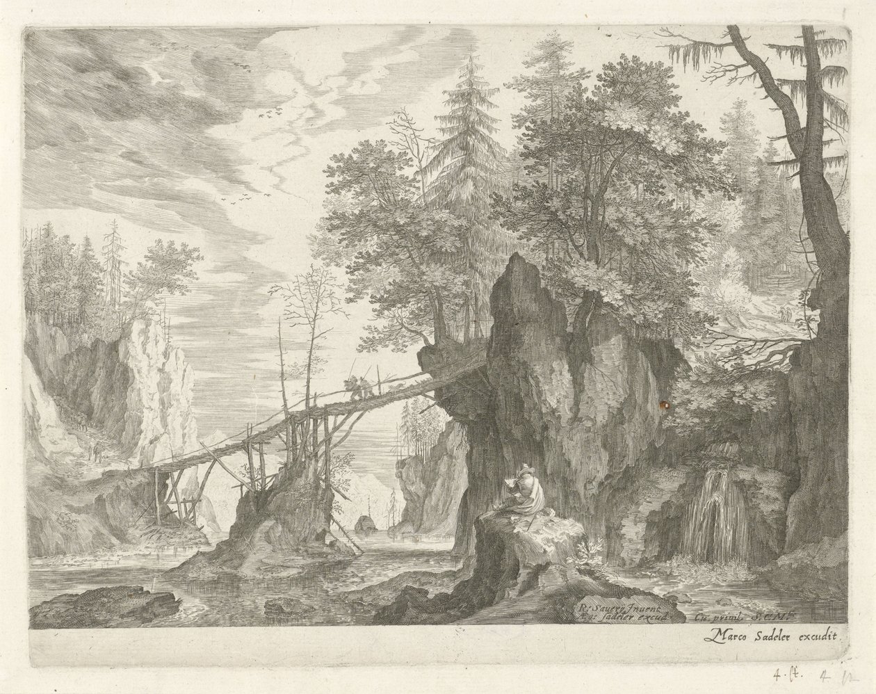 Dibujante sentado en una piedra frente a un puente Paisajes de montaña del Tirol (título de la serie) de Egidius  Sadeler (II)
