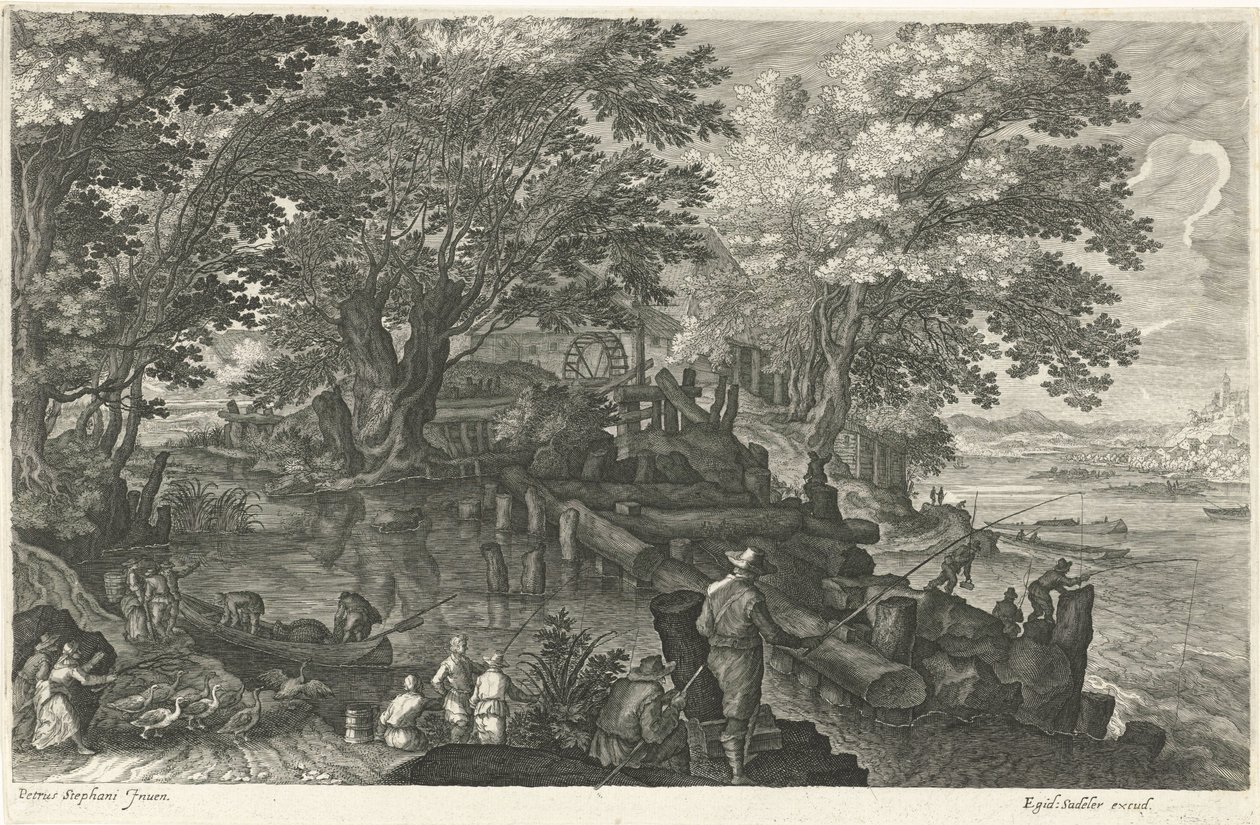 Molino de agua en una isla Ocho paisajes en Bohemia (título de la serie) de Egidius  Sadeler (II)