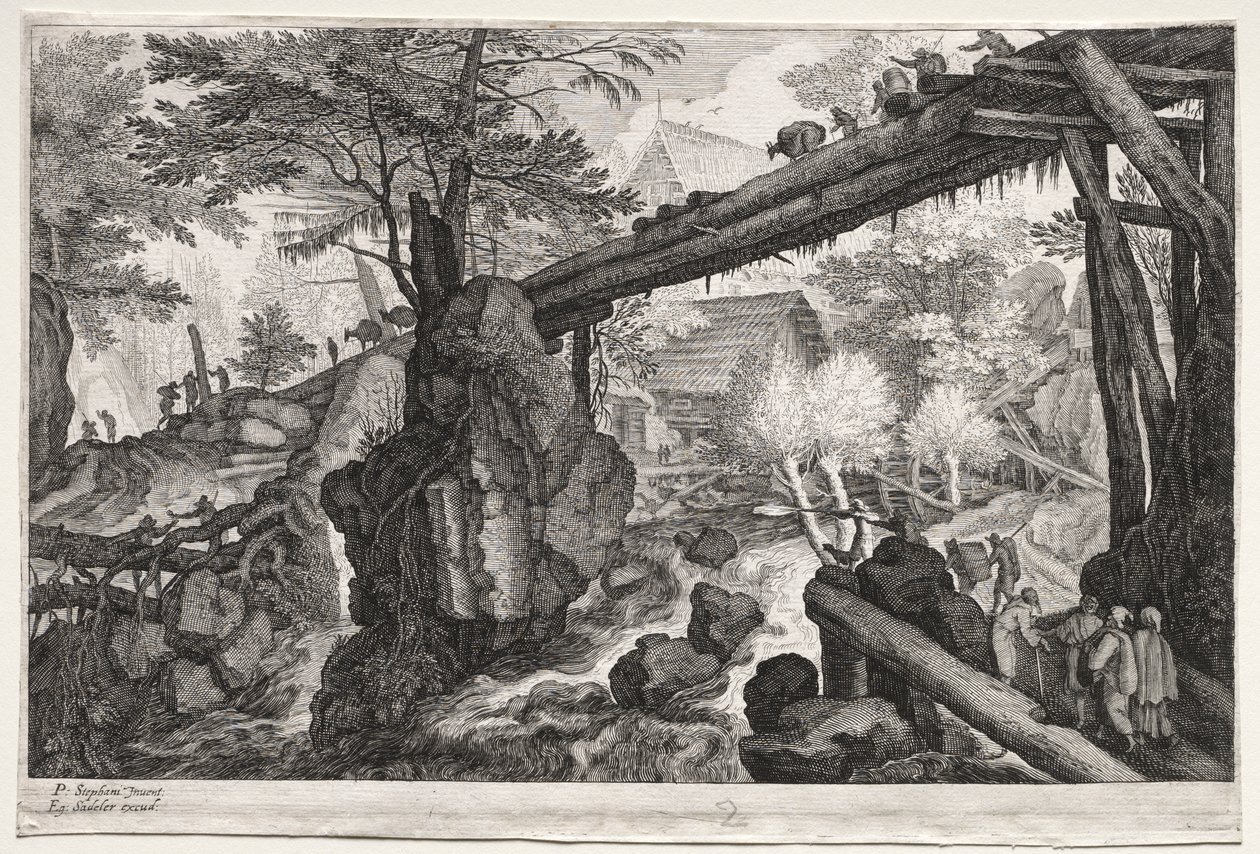 Eight Bohemian Landscapes:  Landscape with Log Bridge over Cataract de Aegidius Sadeler