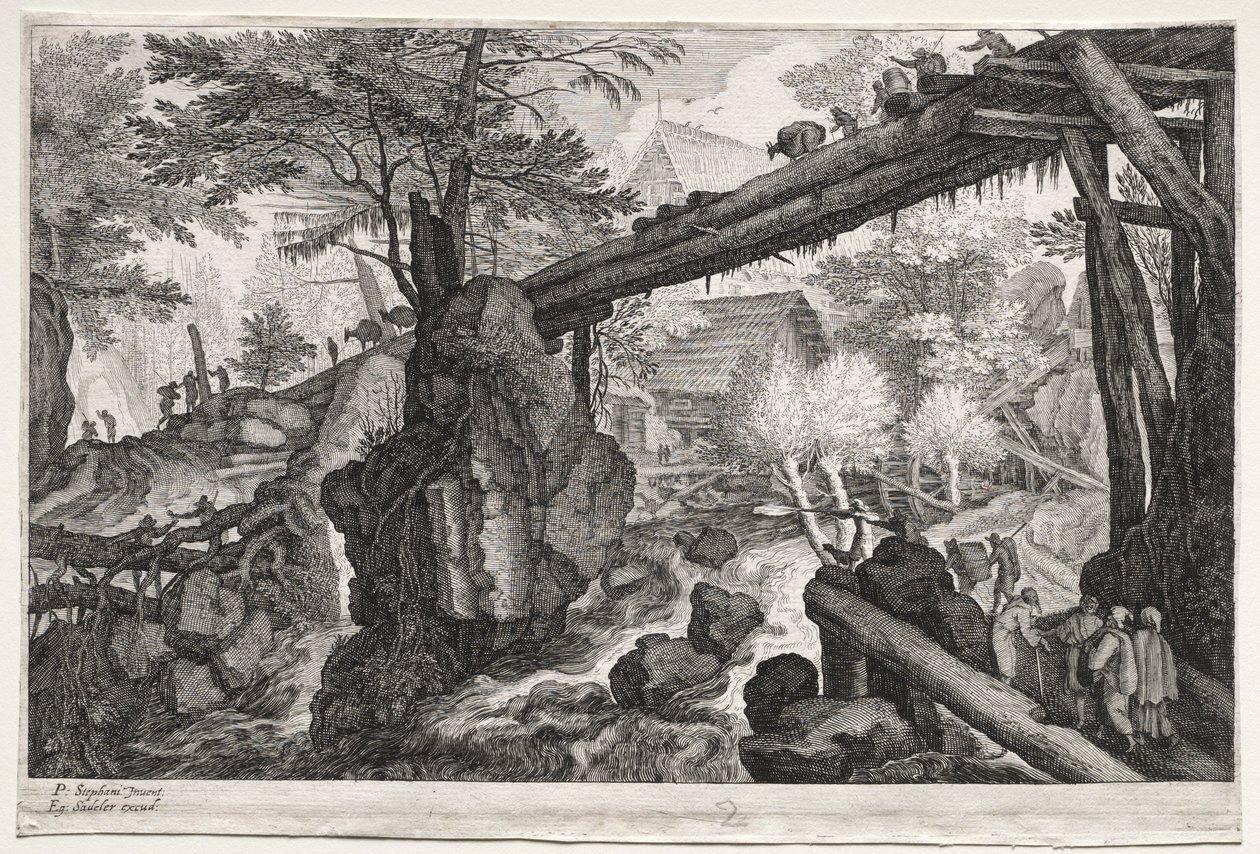 Ocho paisajes bohemios: Paisaje con puente de troncos sobre catarata, c. 1610-1615 de Aegidius Sadeler or Saedeler