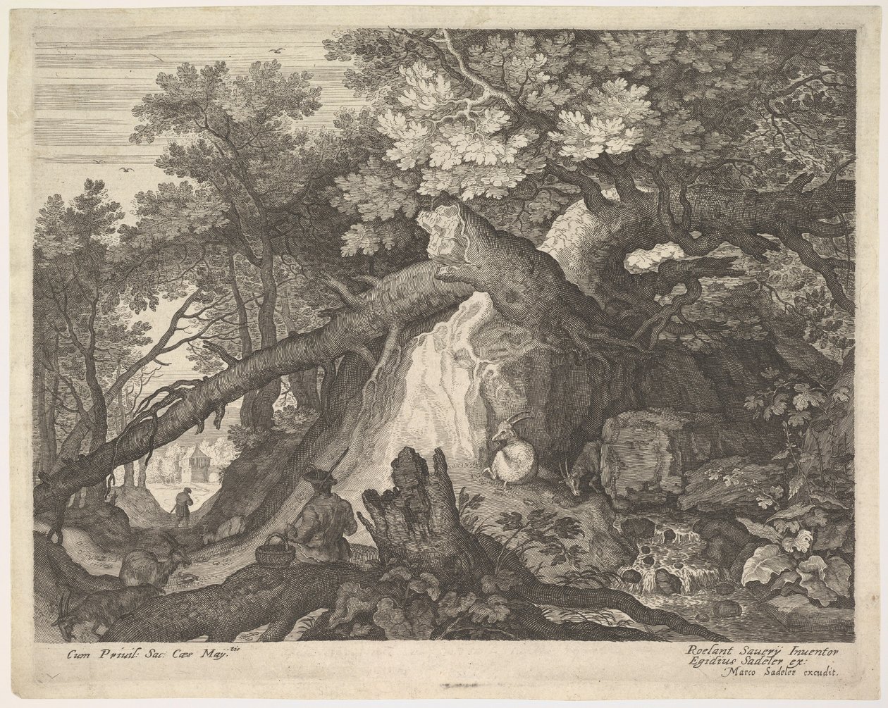 Un hombre sosteniendo un bastón y sentado en un tronco de árbol, con dos cabras a cada lado, rodeado de Aegidius Sadeler II