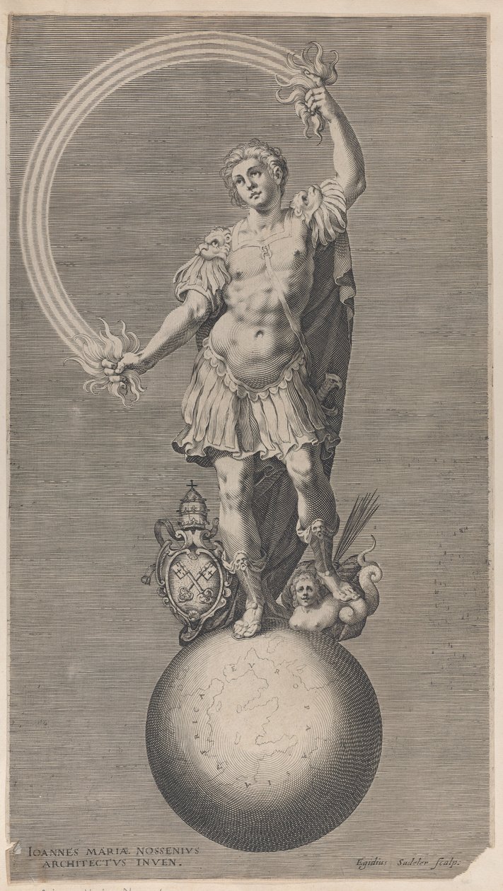 Figura alegórica de un guerrero de pie sobre un globo con el escudo papal de Aegidius Sadeler II