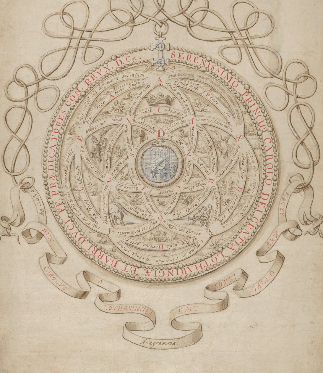 Anagrama en honor a Carlos III, Duque de Lorena y Bar de Aegidius Sadeler II