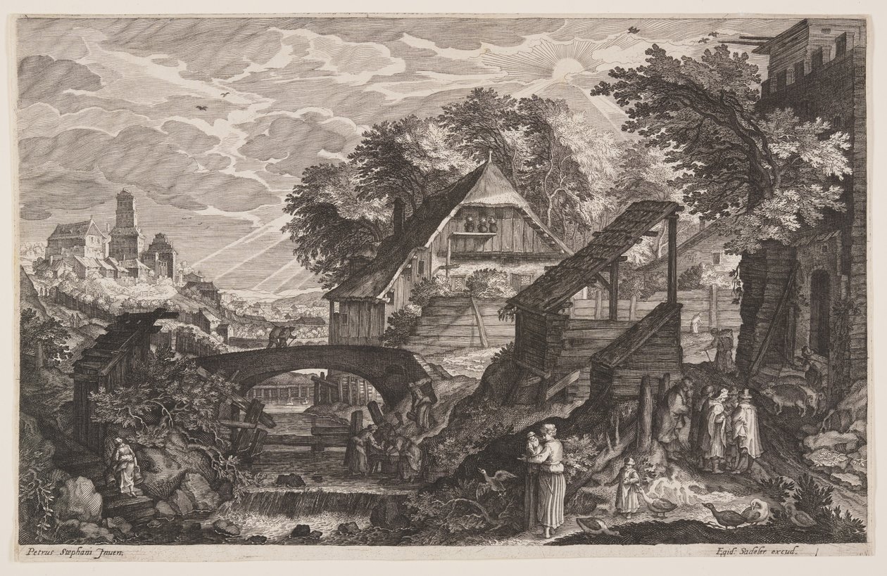 Granjas a la derecha de un río, de Ocho escenas de Bohemia de Aegidius Sadeler II