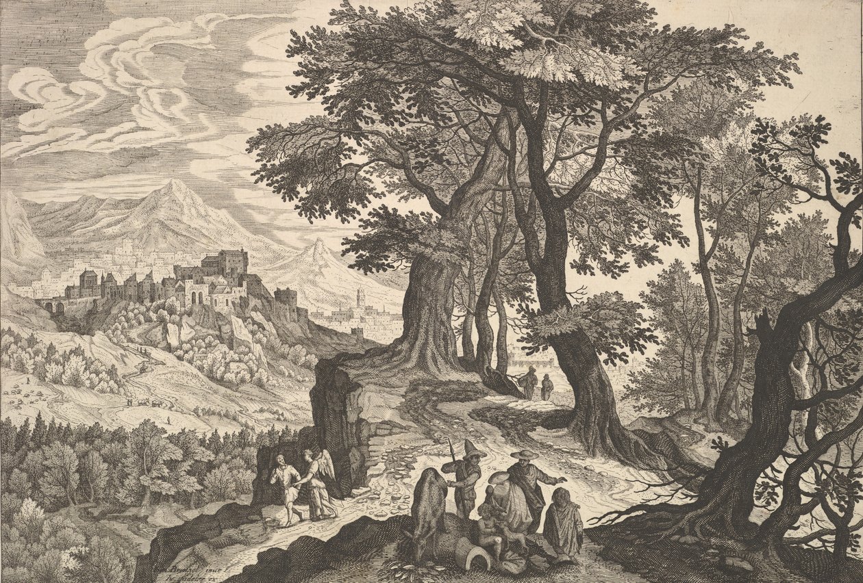 Paisaje con Tobías y el ángel y gitanos de Aegidius Sadeler II