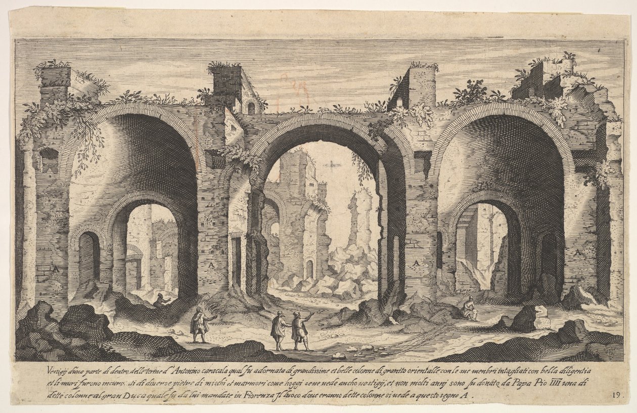 Placa 19: vista de los Baños de Caracalla, indicando con la letra A los lugares de Aegidius Sadeler II