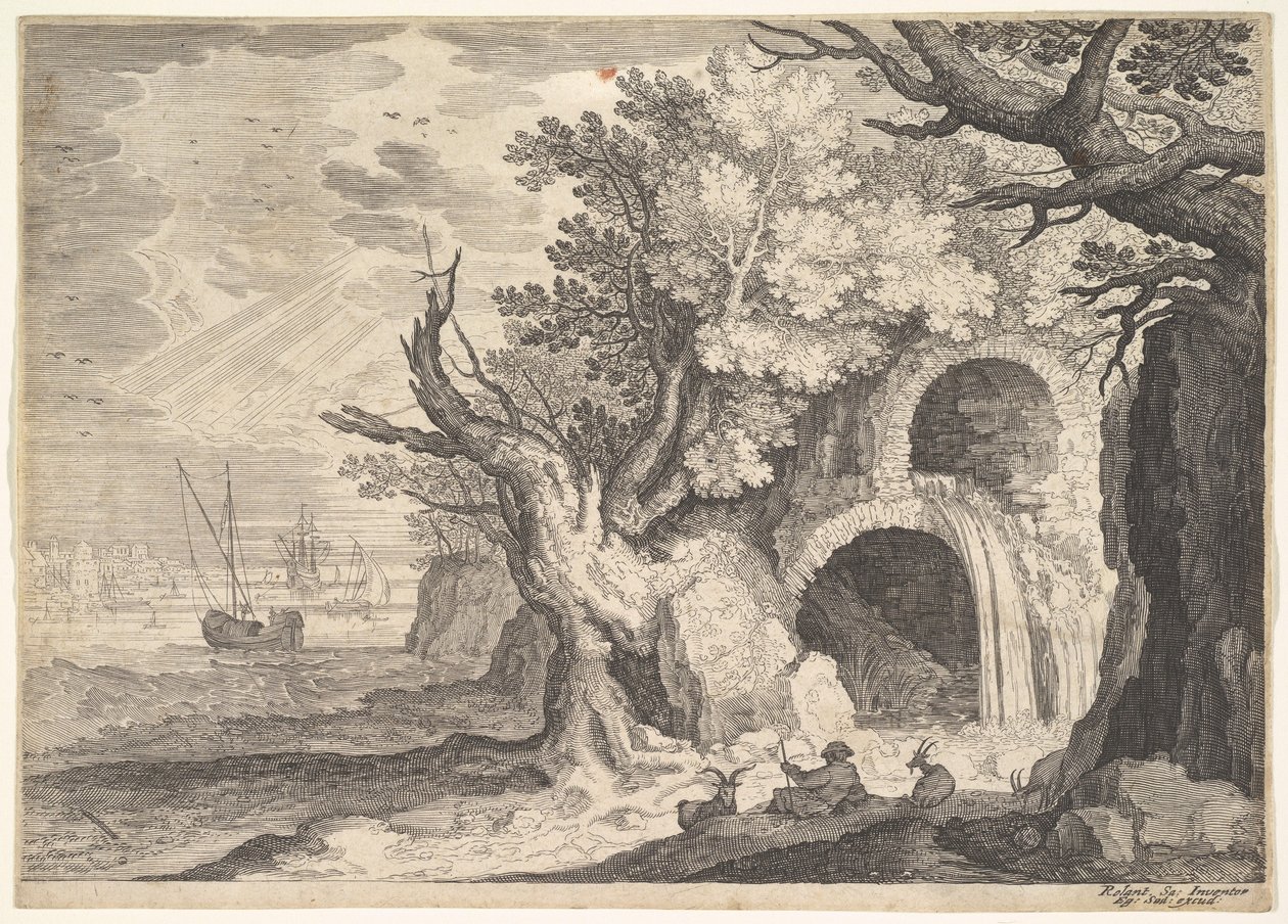 Acueducto en ruinas con agua derramándose hacia un arroyo abajo, barcos en el mar más allá, ca. 1600 de Aegidius Sadeler II