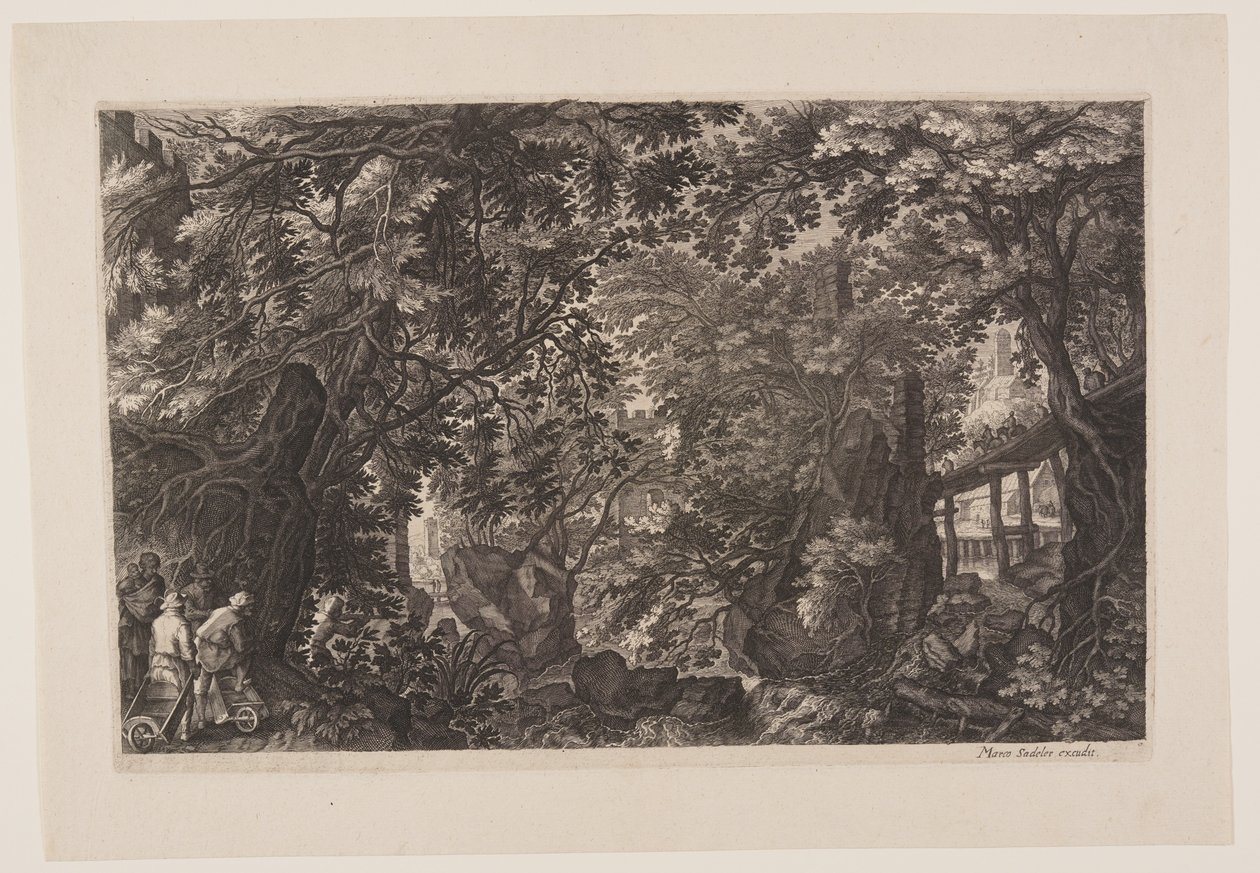 Escena ocho: Un bosque con un puente de madera, de Ocho escenas de Bohemia de Aegidius Sadeler II