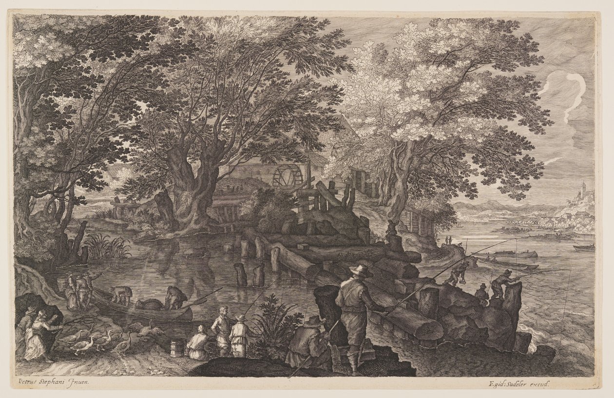 Escena uno: Molino de agua en una isla en un río con hombres pescando, de Ocho escenas de Bohemia de Aegidius Sadeler II