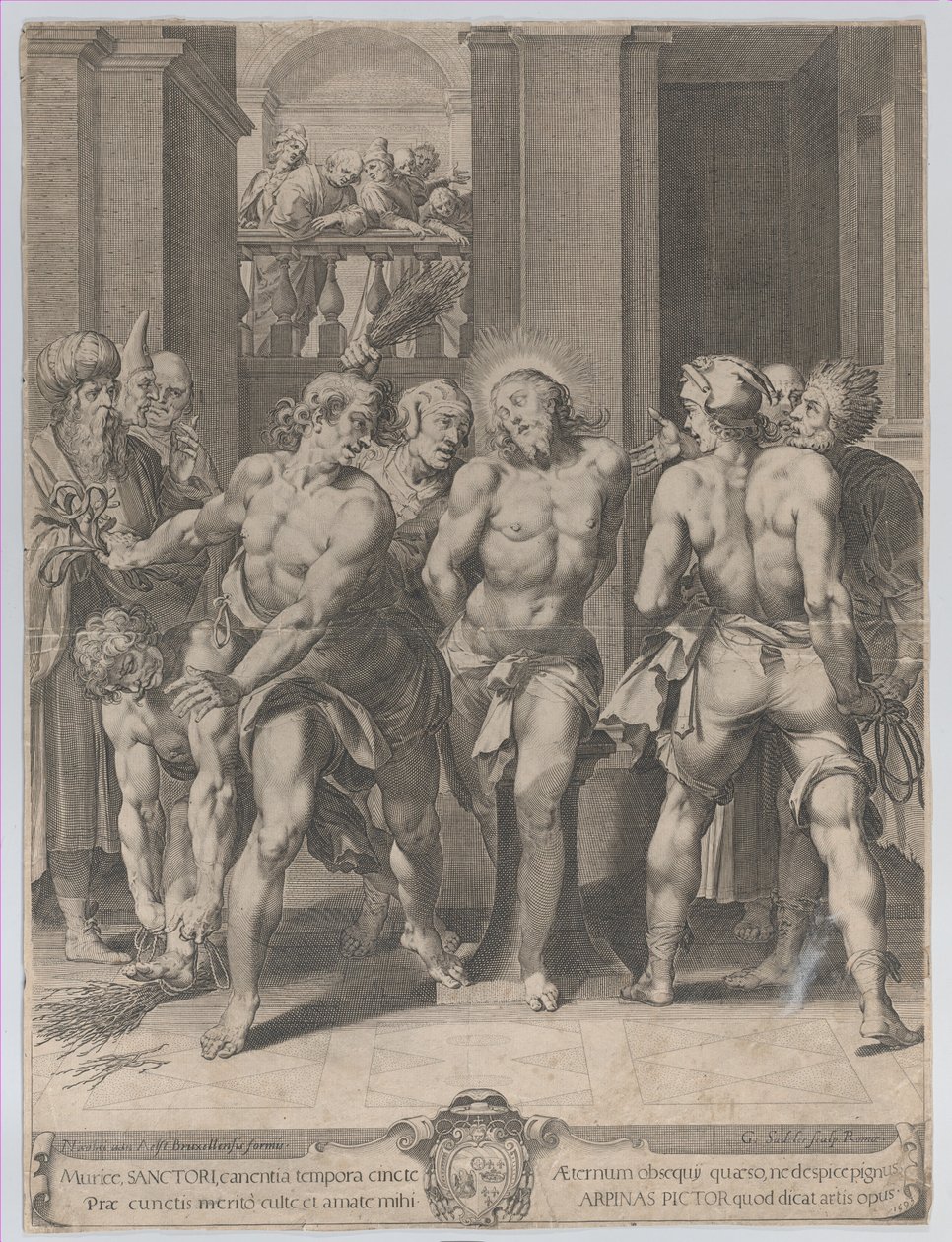 La flagelación de Cristo, con azotadores a ambos lados y figuras observando desde un balcón, 1593 de Aegidius Sadeler II
