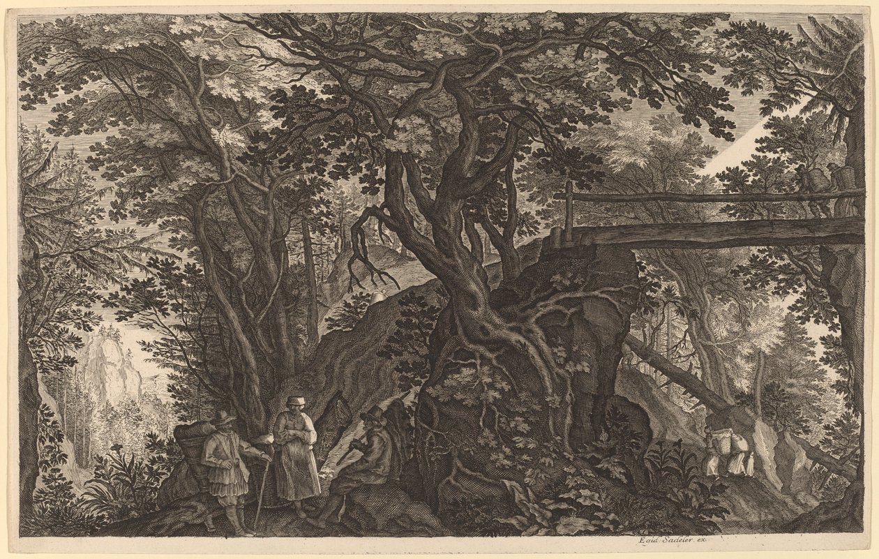 Paisaje forestal con dos hombres y una mujer descansando cerca de un puente de Aegidius Sadeler II after Pieter Stevens