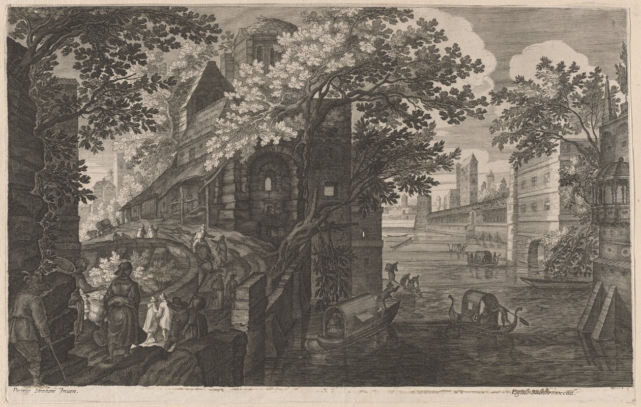 Góndolas en un Río junto a un Palacio de Aegidius Sadeler II after Pieter Stevens