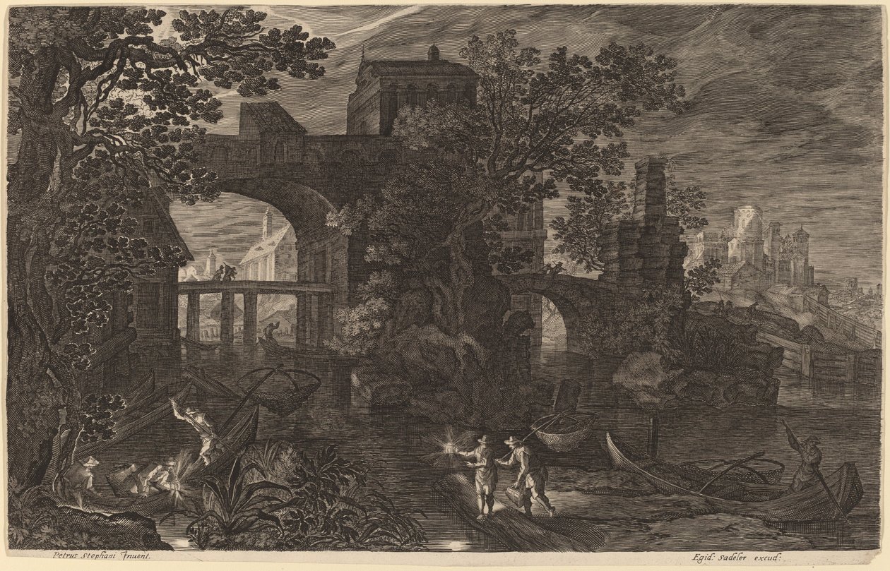 Paisaje nocturno con pescadores en el río fuera de las murallas de la ciudad de Aegidius Sadeler II after Pieter Stevens