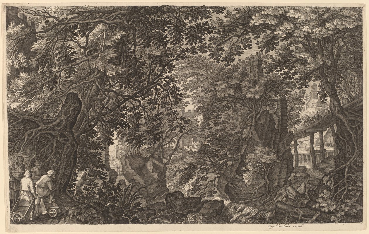 Paisaje fluvial con un cazador de patos de Aegidius Sadeler II after Pieter Stevens