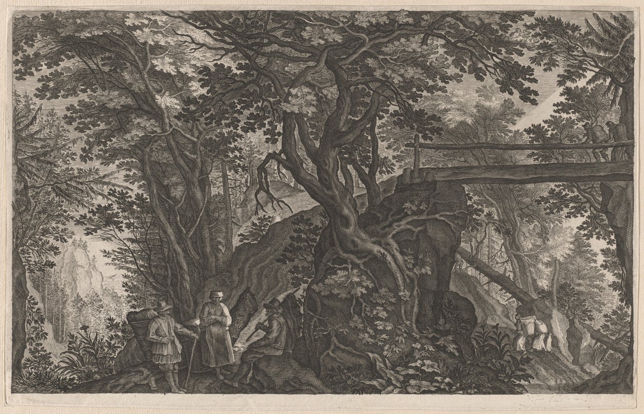 Viajeros descansando en un bosque montañoso junto a un puente de troncos de Aegidius Sadeler II after Pieter Stevens