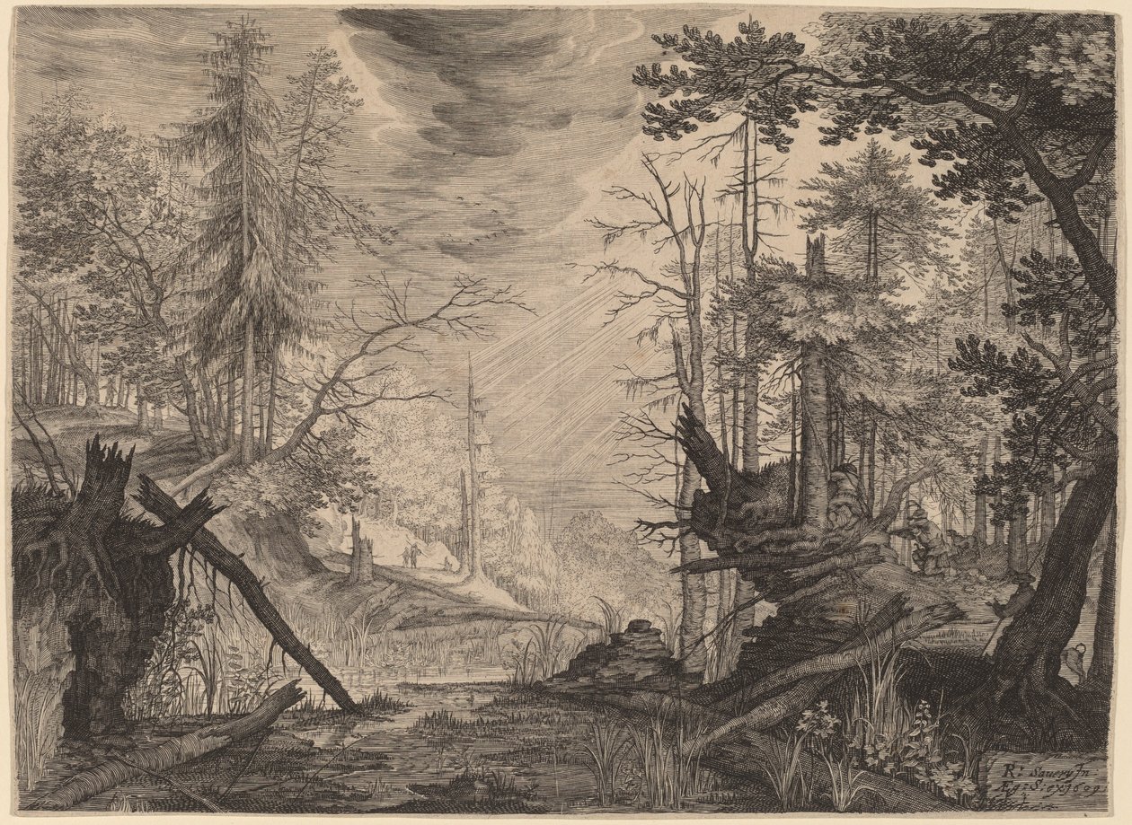Tres cazadores y dos perros cerca de un estanque de Aegidius Sadeler II after Roelandt Savery