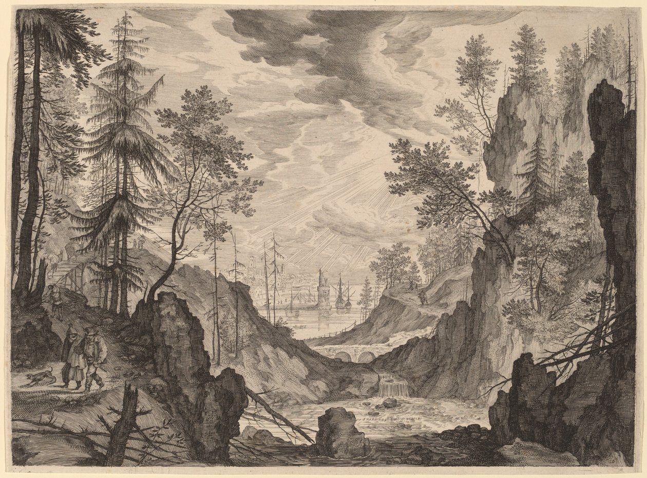 Escena del bosque con una cascada de Aegidius Sadeler II after Roelandt Savery