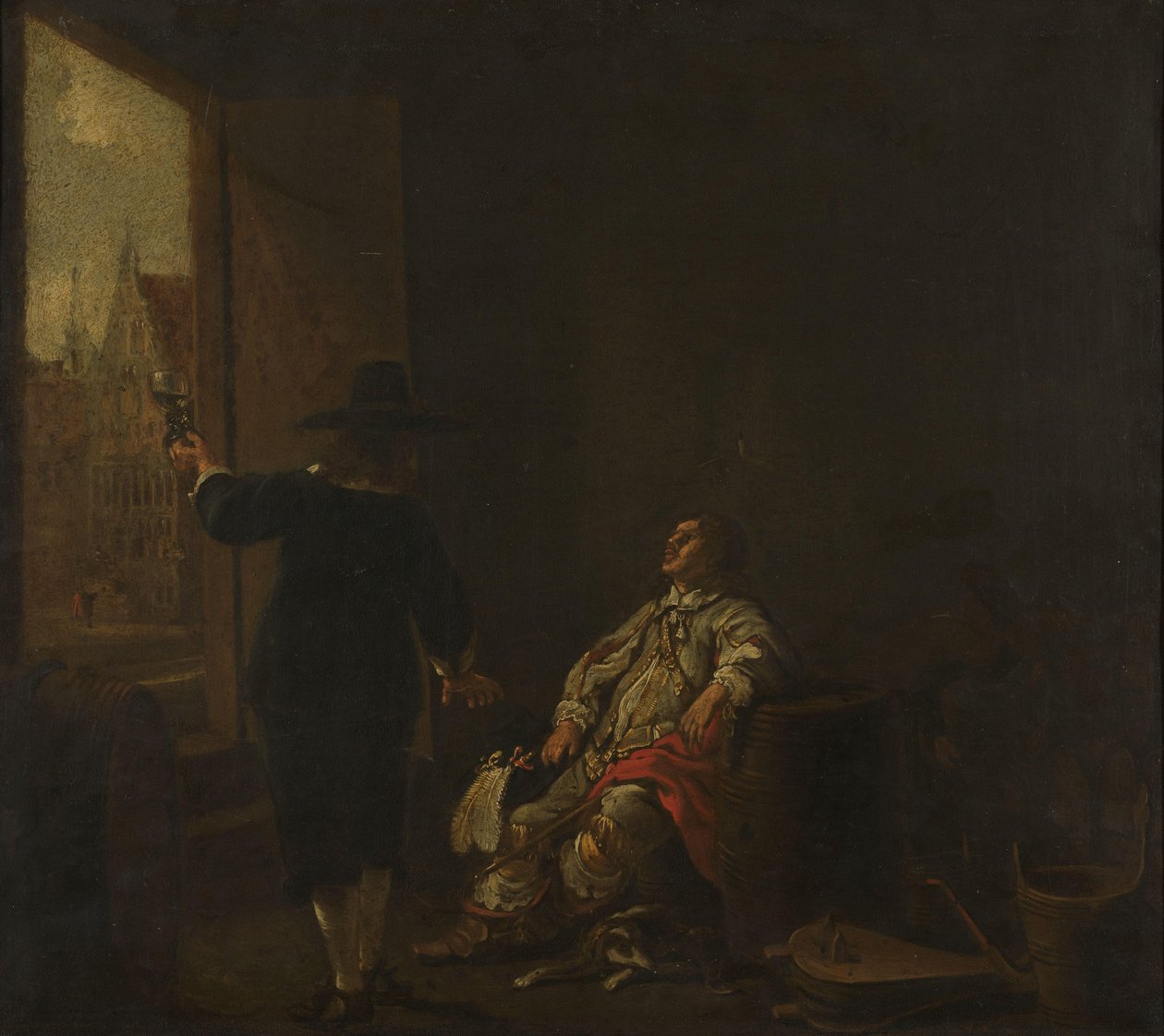 Cartel de una tienda de vinos, con Degustación del vino en un lado y Envasado del vino en el otro de Aelbert Cuyp (circle of)