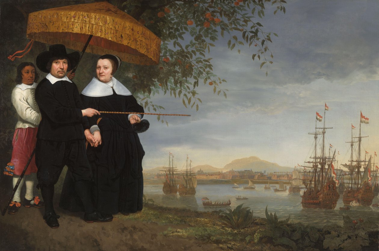 Comerciante principal del COV con su esposa y un siervo esclavizado de Aelbert Cuyp (circle of)
