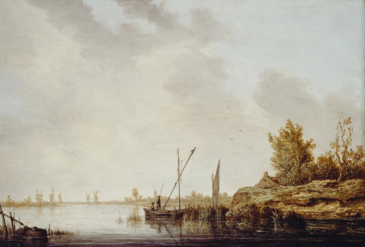 Escena de río con molinos de viento distantes, c.1640-42 de Aelbert Cuyp