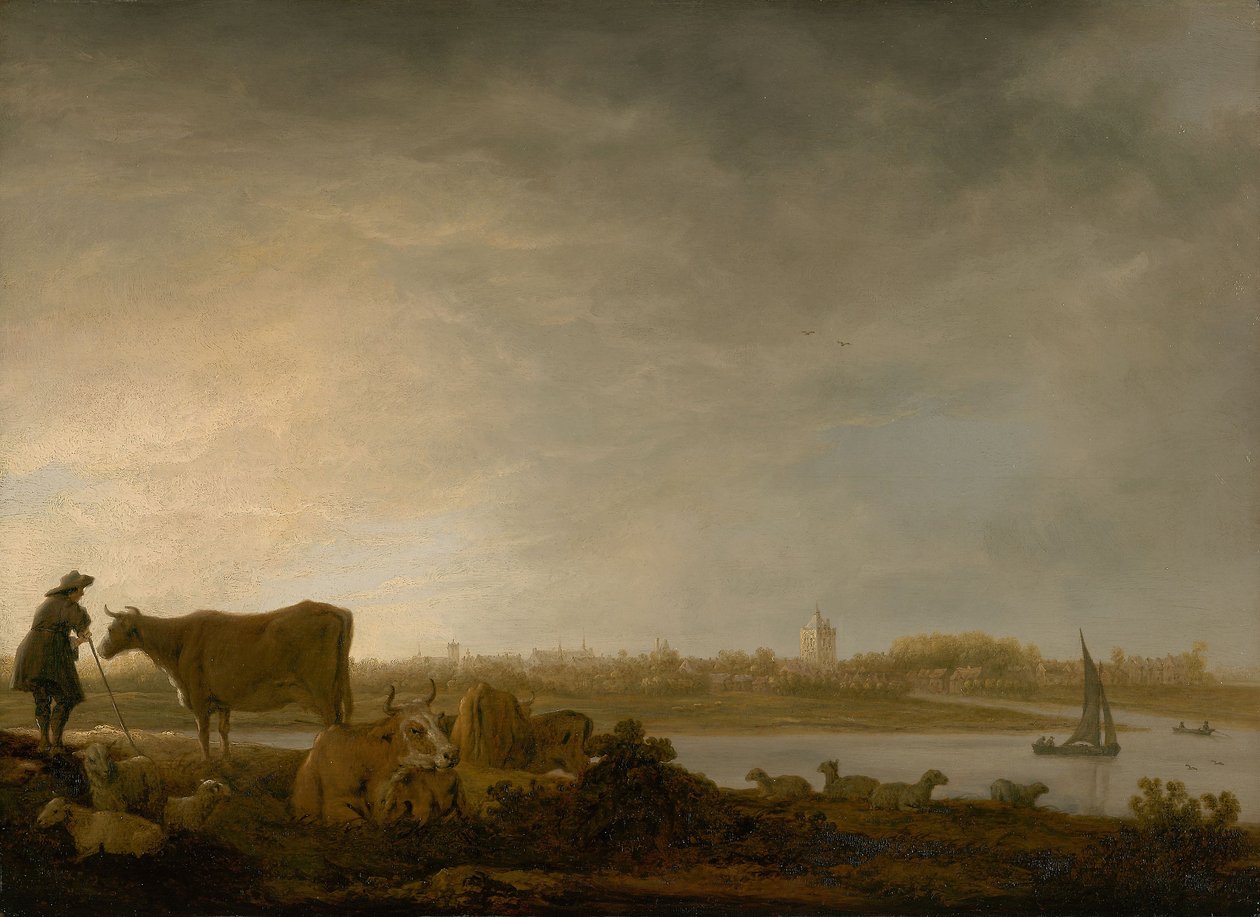 Vista de Vianen con un pastor y ganado junto a un río, c.1643-45 (óleo sobre tabla) de Aelbert Cuyp