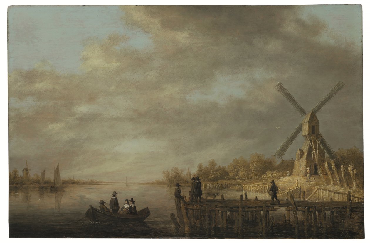 Paisaje fluvial con un molino de viento y, en primer plano, unos caballeros en una barca de remos y en un embarcadero (óleo sobre tabla) de Aelbert Cuyp