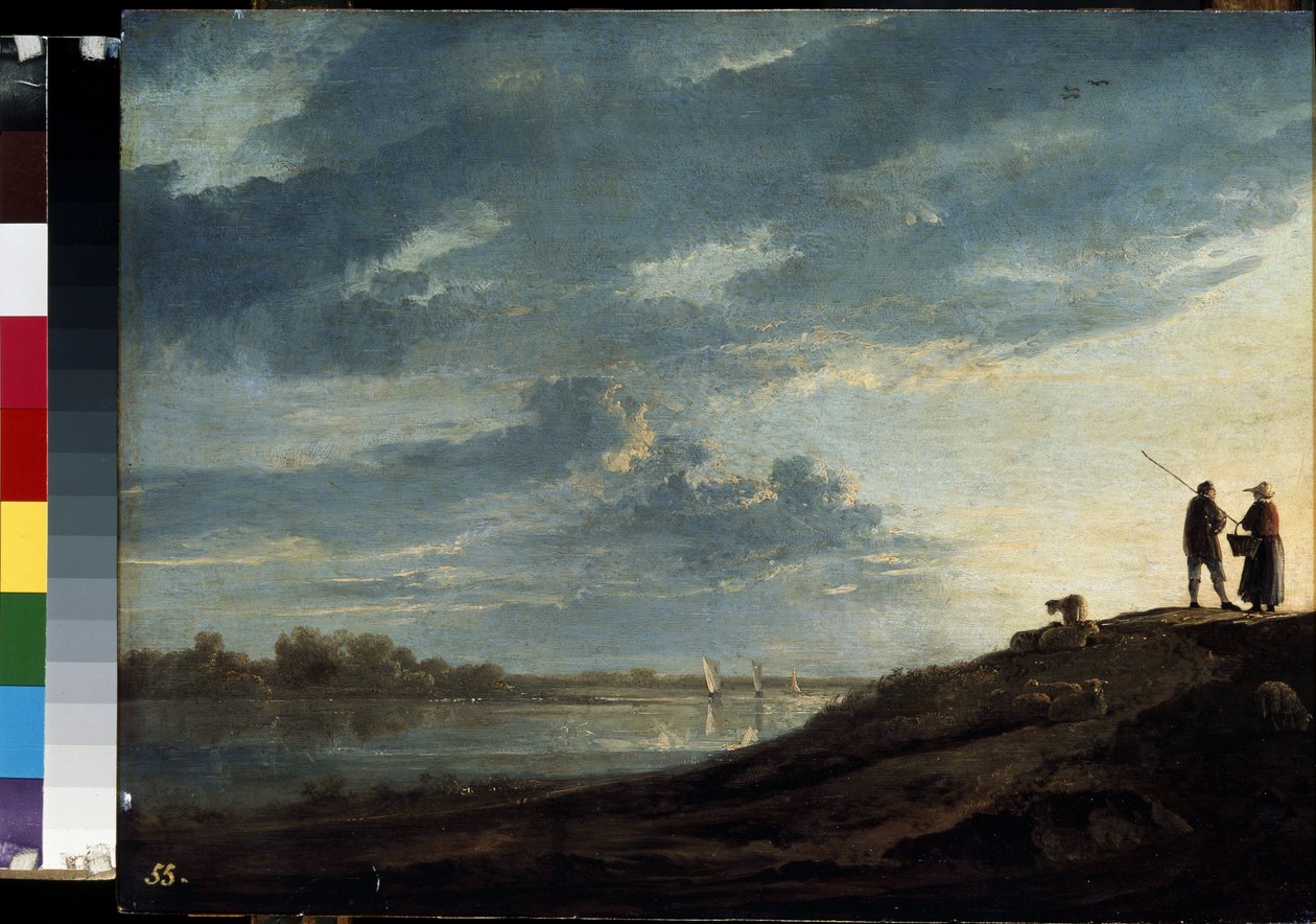 ""Sunset over a river"" (Puesta de sol sobre un río) Pintura de Albert (Aelbert o Aelbrecht) Cuyp (1620-1691) 1650 aproximadamente Dim. 38,5x53 cm Museo del Hermitage, San Petersburgo de Aelbert Cuyp