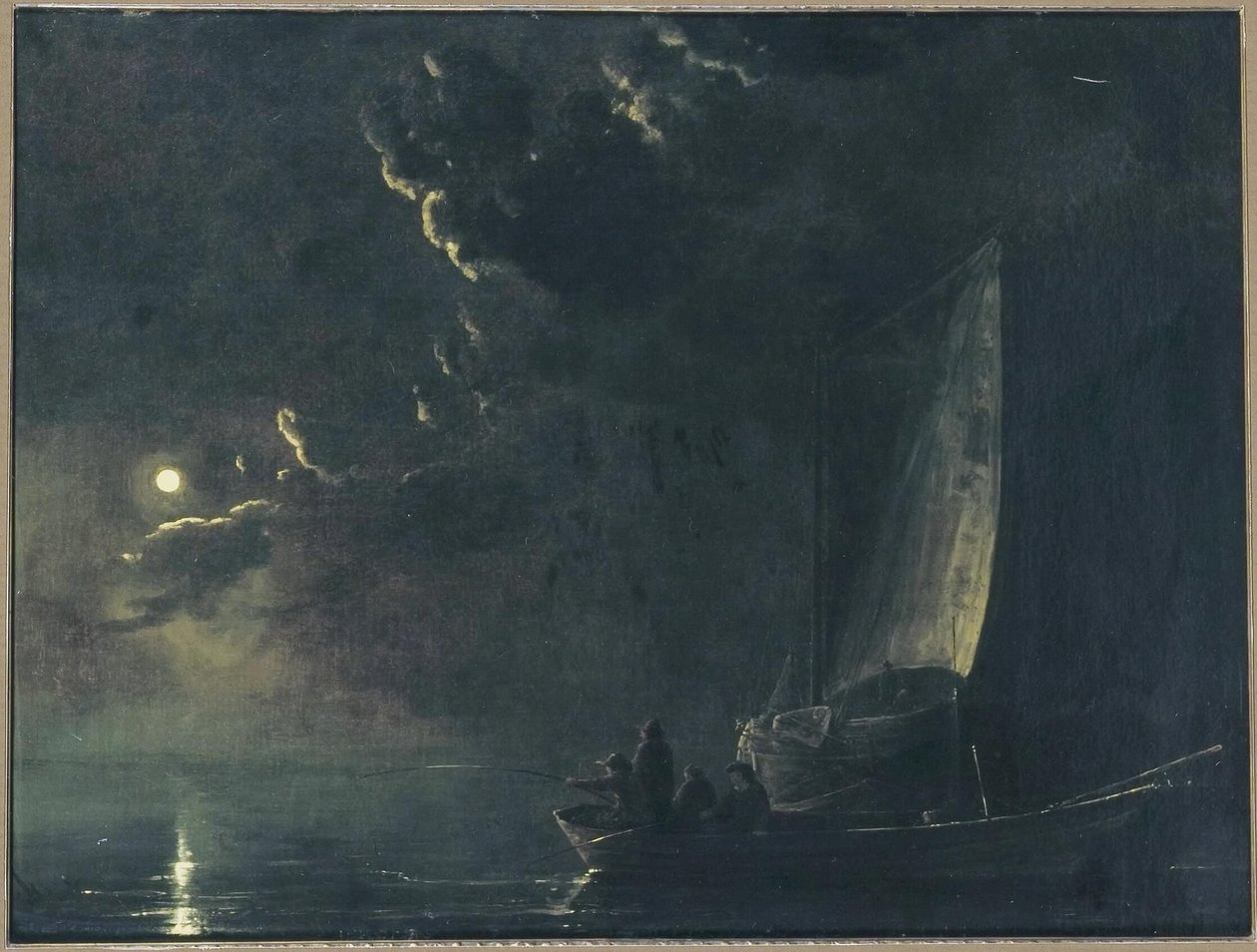 Alemán: Paisaje lunar, en primer plano un barco de pesca con pescadores Pescadores a la luz de la luna de Aelbert Cuyp
