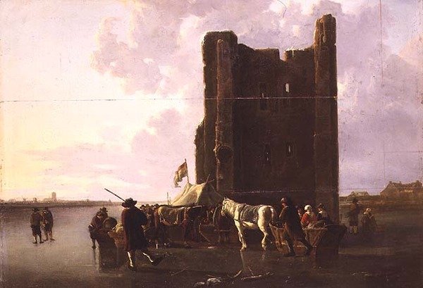 Gente del pueblo con trineos en el Maas congelado junto a la Huis te Merwede de Aelbert Cuyp