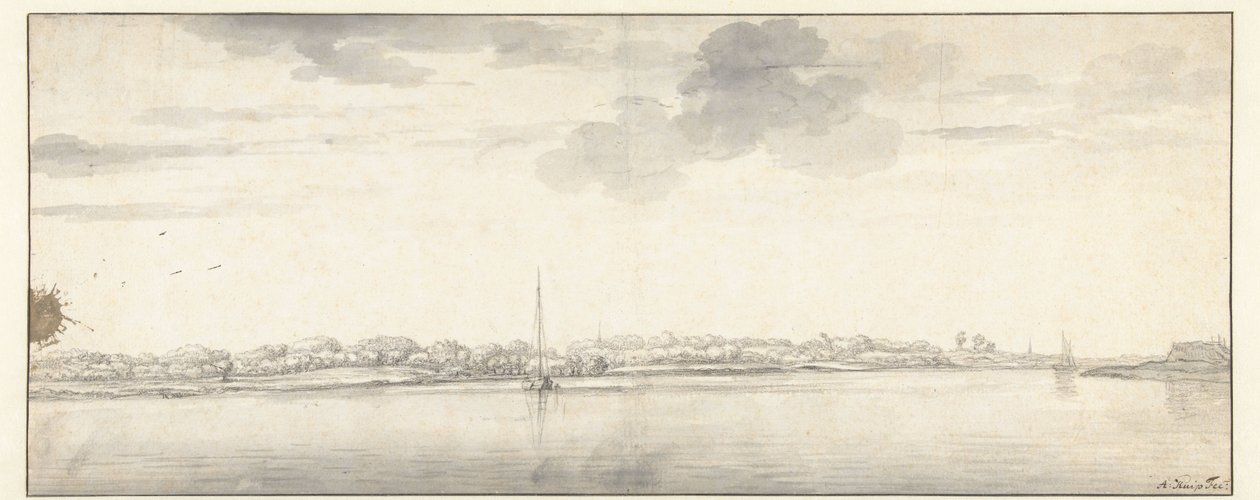 Amplias vistas al río con barcos en aguas tranquilas de Aelbert Cuyp