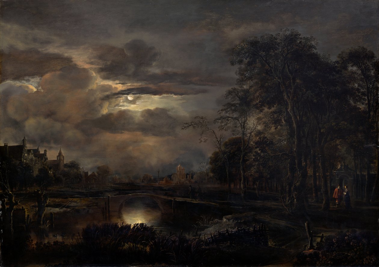 Paisaje nocturno con puente de Aert van der Neer