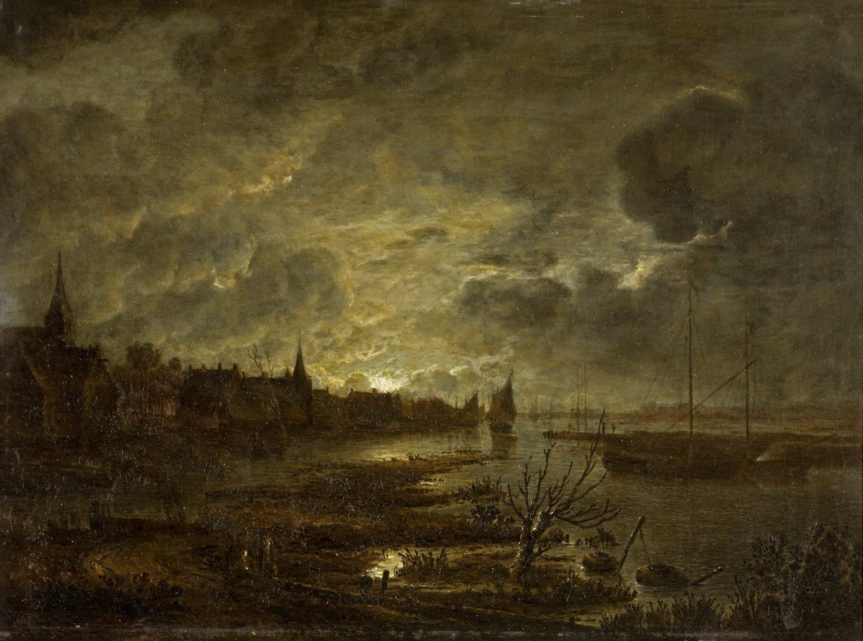 Un Pueblo en un Río a la Luz de la Luna, c.1645-1700 de Aert van der Neer