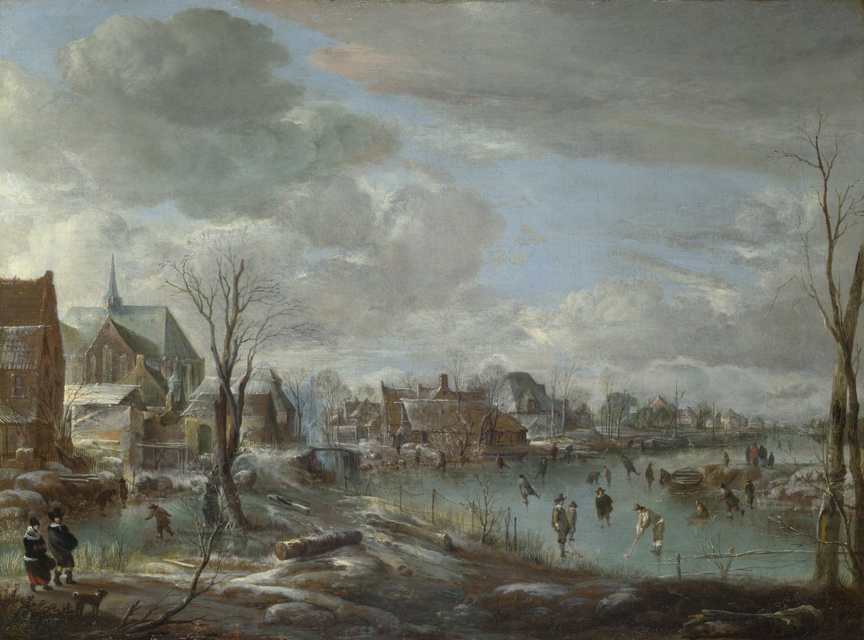 Un río congelado cerca de un pueblo, con golfistas y patinadores de Aert van der Neer