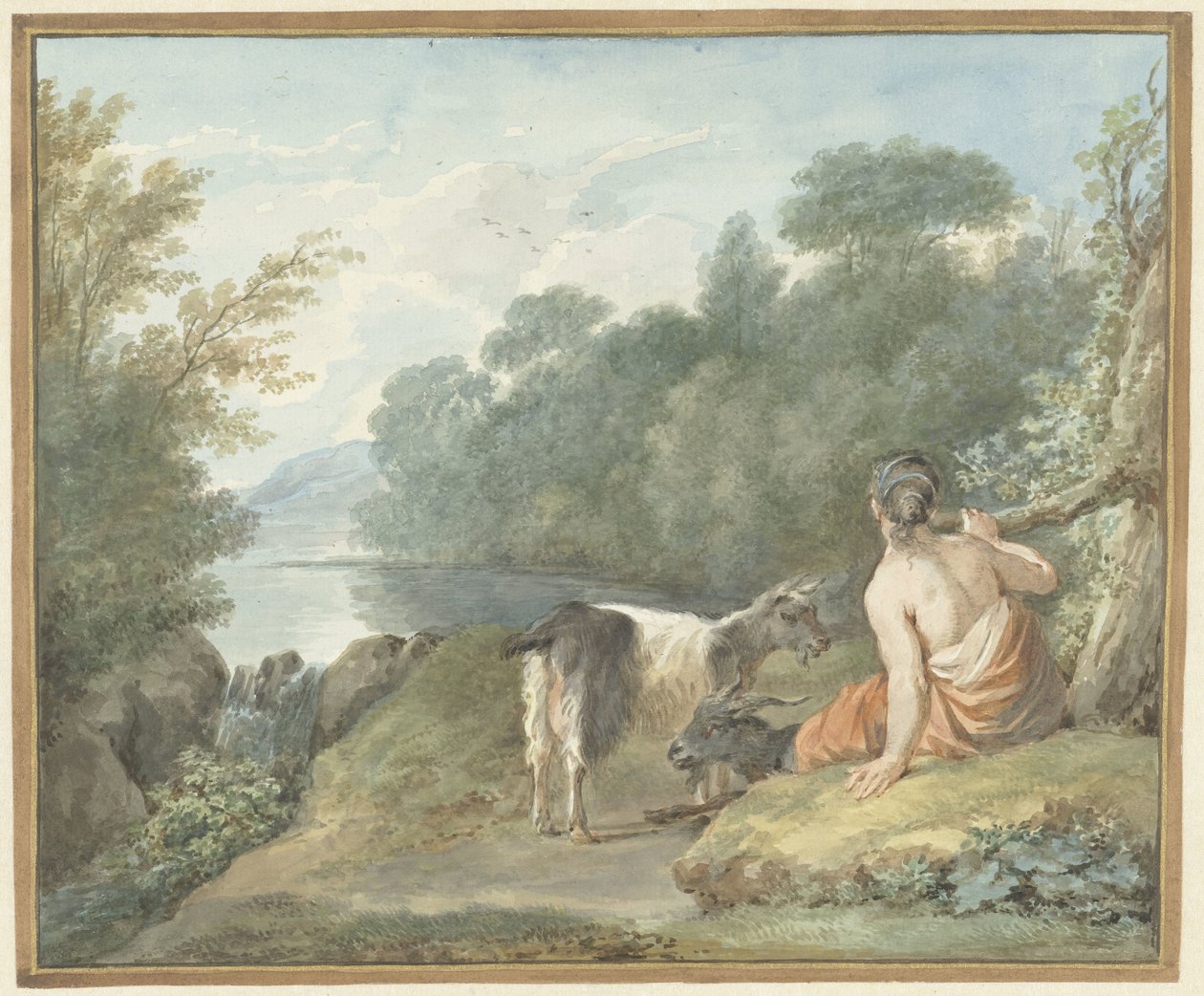 Pastora con cabras en un paisaje con un lago de Aert Schouman